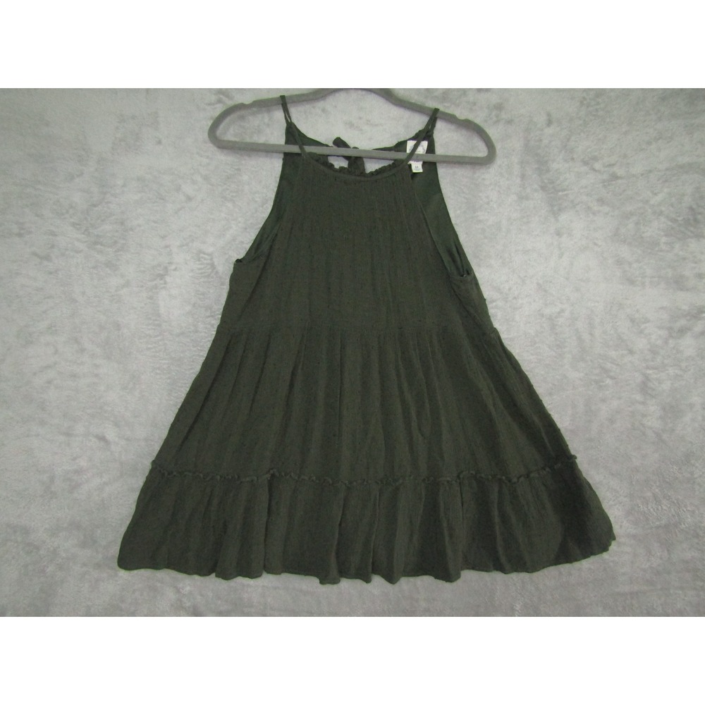 Blue Rain Olive Green Swiss Dot Tiered Ruffle Tie Back Mini Dress Size M Texture